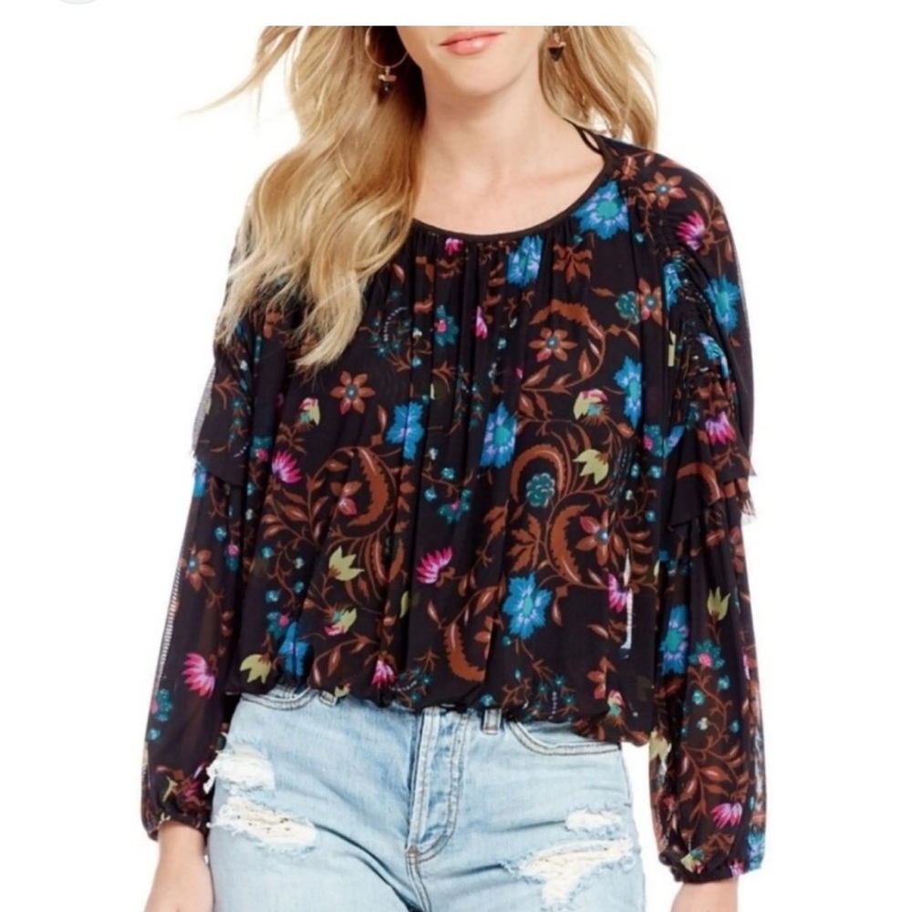 Free People Black Blouse with Floral Patterns